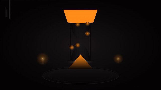 Premium cinematic Halloween animation featuring a cursed gothic hourglass. The glowing amber sand stops falling and transforms into a swarm of supernatural bats before spiraling and turning back into