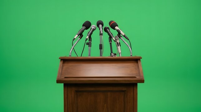 Wooden podium with multiple microphones for press conference on green screen background for broadcast