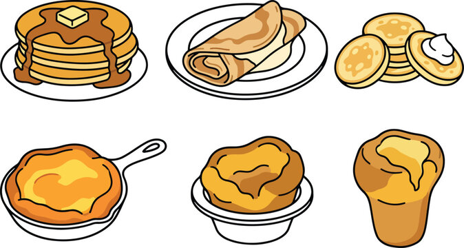 Assorted pancakes crepes waffles pastries and sweet bakery desserts illustration set