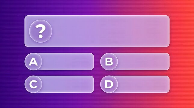 Glassmorphism quiz template with question mark and four multiple choice options on gradient background