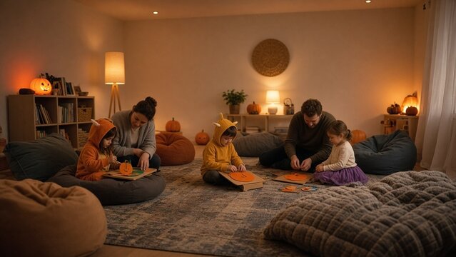 Calm sensory friendly Halloween party room with dim warm light, bean bags and families doing quiet pumpkin crafts