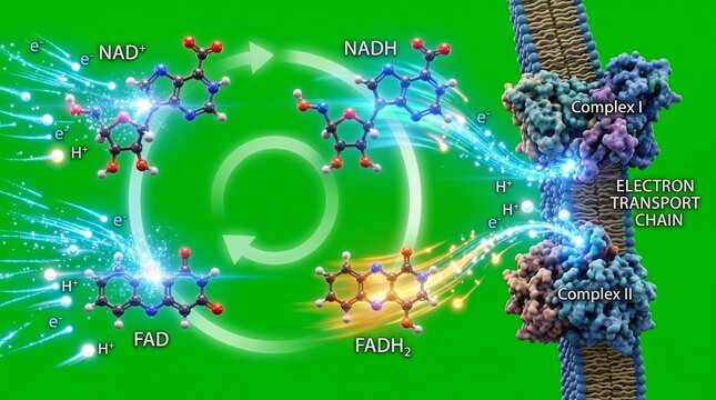 Electron transport chain diagram showing nadh and fadh2 molecules
