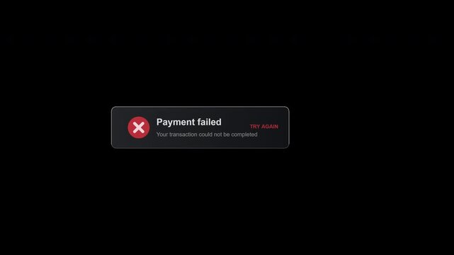 A sleek sliding glassmorphism notification panel for a failed payment, featuring an animated error icon and a subtle shake effect.
