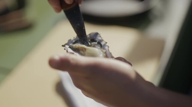 Chef skillfully shucks oyster with knife, preparing a gourmet meal