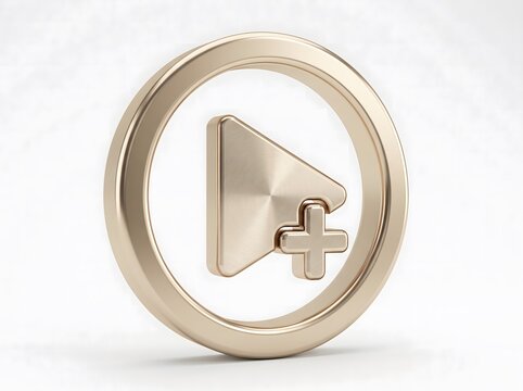 Golden add play button icon badge on white surface with interface positive increase metallic isolated background multimedia navigation