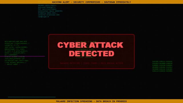 digital cyber attack warning alert screen with red glitch frame, data security threat, system breach, hacking notification, malware alert