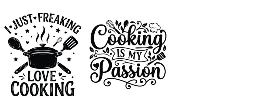 Cooking quote collection with kitchen utensils isolated on white background