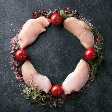 Raw chicken breasts with tomatoes herbs and peppercorns arranged around dark copy space