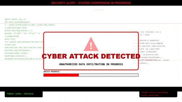 cyber attack detected warning message on a computer screen, alert notification for data security, network breach, malware and system vulnerability protection