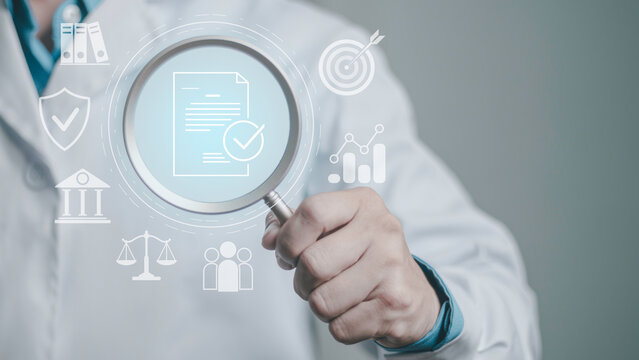 Medical digital compliance, privacy regulation, verification, risk management. Professional searching protected information with legal, financial, audit, and medical icons.