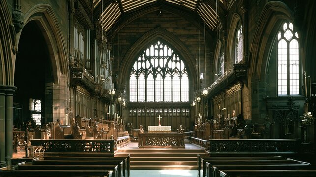Old stone church interior, raised altar, carved wooden platform, cross, choir stalls, arched windows, empty nave