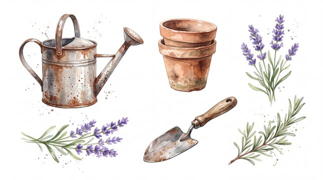 Watercolor vintage gardening tools with lavender and clay pots ast kz (1) with natural lighting and selective focus