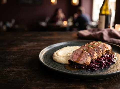 Sliced pork tenderloin served with puree and braised cabbage