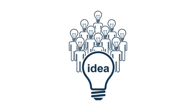 Business team figures with glowing lightbulbs for heads standing together behind a large central lightbulb labeled with the word idea.