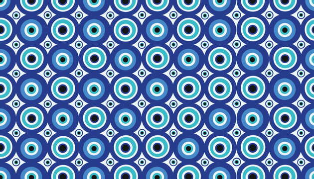 Traditional greek evil eye protection talisman seamless pattern featuring blue, white, and black circular designs.