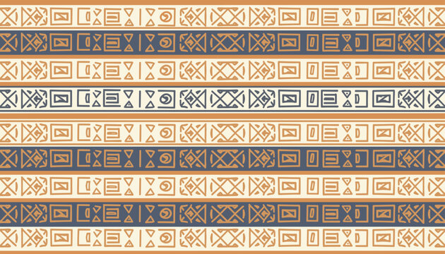 Ethnic seamless pattern with horizontal borders decorated with geometric folk symbols in brown, cream, and blue.
