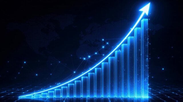 Futuristic glowing blue digital bar chart with upward trend arrow and global network connections visualization