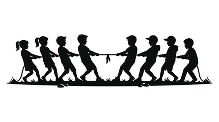 Obraz premium Children playing tug of war black silhouette against a white background