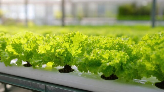 Fresh green lettuce growing in a modern hydroponic farm with bright natural light and healthy plants