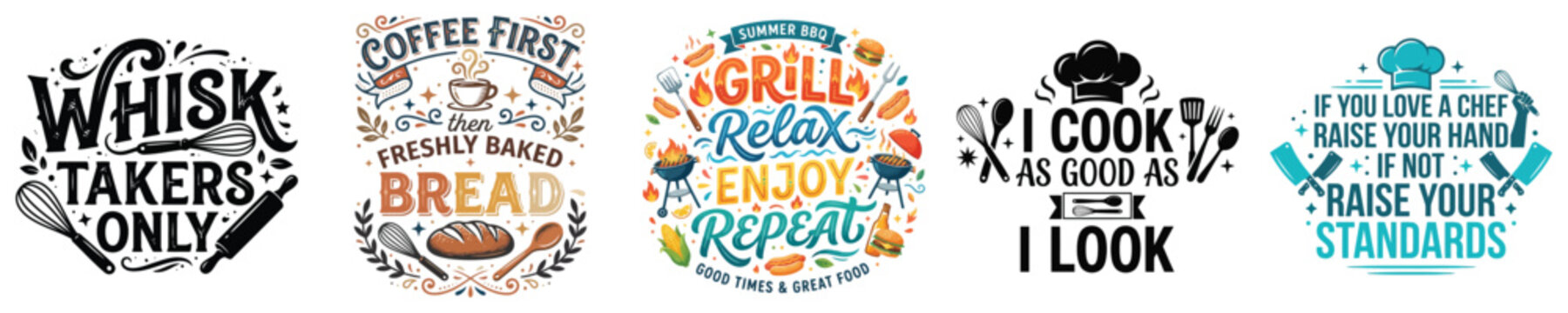 Set of creative kitchen and cooking quote typography designs for food projects