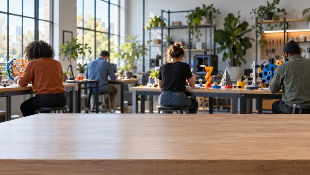 Adult learners in bright modern STEM makerspace