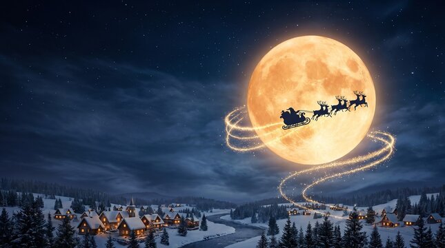 Santa sleigh silhouette flying across giant full moon with golden stardust reindeer