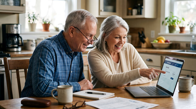 Senior couple using a laptop together in a home kitchen