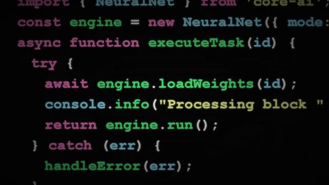 Software source code scrolling on monitor with neural network script, machine learning and artificial intelligence programming, syntax highlighting