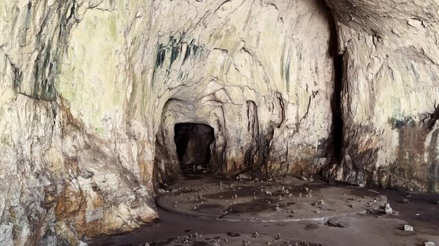 Devetashka cave interior view huge natural karst cavern rock vault ancient geological landmark tourist travel destination Bulgaria stock video