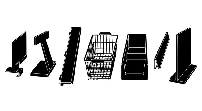 Collection of retail and store checkout icons featuring shopping baskets checkout counters and display stands for retail store layout planning and commercial business management and design assets