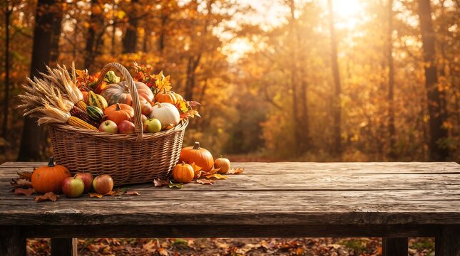 Outdoor Thanksgiving harvest table scene featuring a wicker basket full of pumpkins, gourds, corn, and apples in an autumn forest