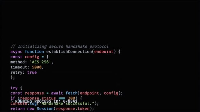 Software code block executing secure handshake protocol for network connection, cybersecurity encryption, backend development