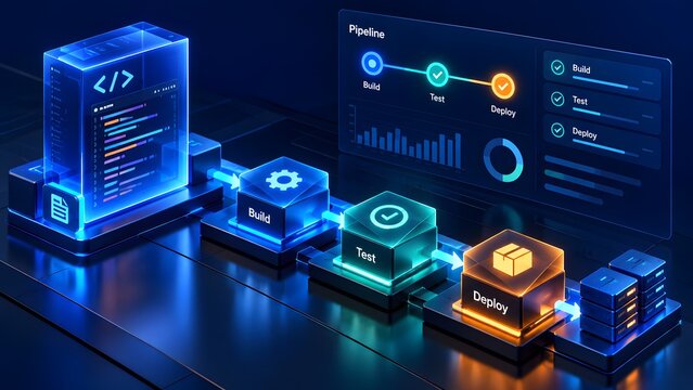 Digital software development pipeline illustrating continuous integration and delivery with code, testing, and deployment stages on a modern data dashboard.