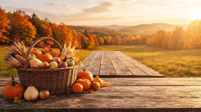 A wooden harvest table set in an autumn field holding a wicker basket full of pumpkins, gourds, apples, and corn during golden sunset