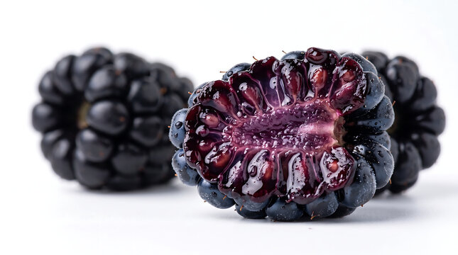A halved blackberry and whole fruit rest against a plain white background showcasing detailed texture berries produce rubus bramble drupelet