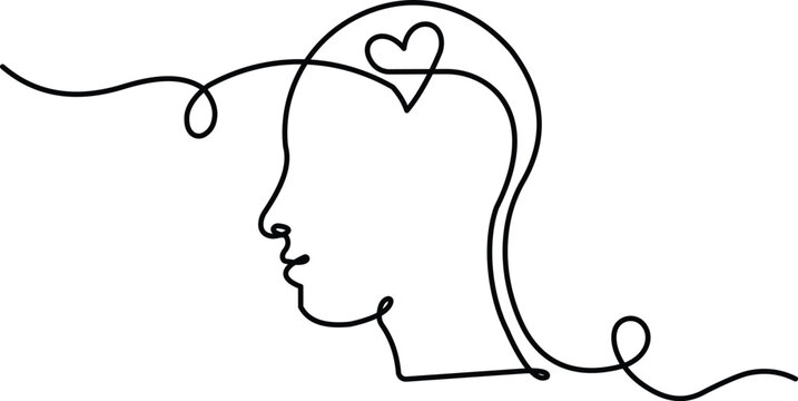 Continuous one line drawing of human head profile with heart shape inside representing mental health love and positive thinking