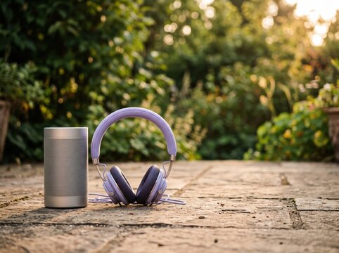 Purple headphones and speaker resting on outdoor stone patio