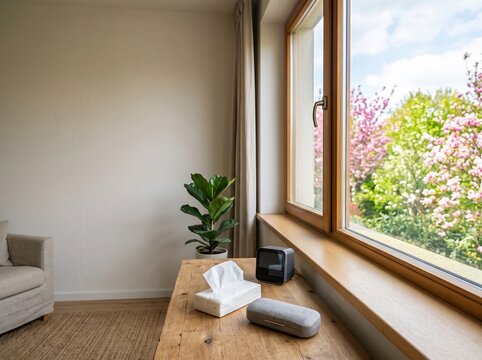 Cozy living room table with tissues and window view of garden