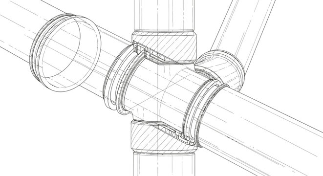 Detailed schematic illustrates a junction where three pipes connect using a specialized T-shaped fitting.