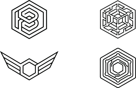 Abstract tech hexagon vector logo set with monoline geometric circuit and maze emblems for corporate identity