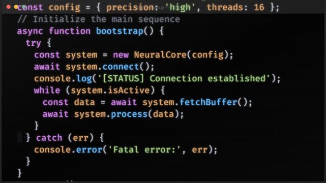 Computer screen displaying asynchronous programming code, software development process, syntax highlighting, programming logic, data processing and algorithm implementation