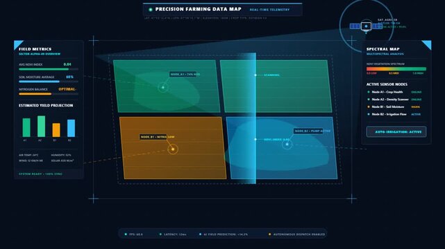Precision farming data map interface, futuristic digital agriculture analytics HUD, crop yield metrics and spectral map animation for agritech presentations