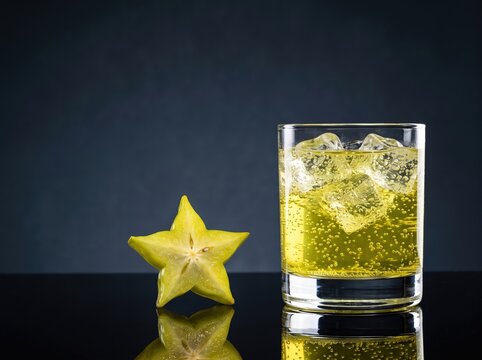 Starfruit slice with sparkling drink on reflective table