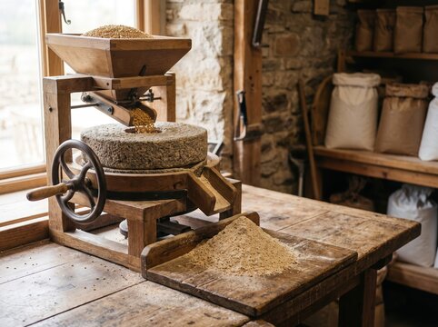 Stone grain mill grinding flour in rustic wooden workshop