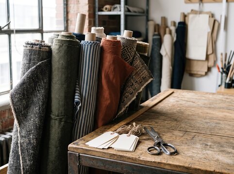 Fabric rolls arranged on wooden worktable in textile workshop