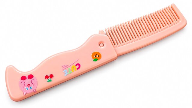 Pink folding hair comb with cute cartoon character and fruit print