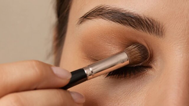 Close-up of a makeup brush gently blending warm eyeshadow on an eyelid