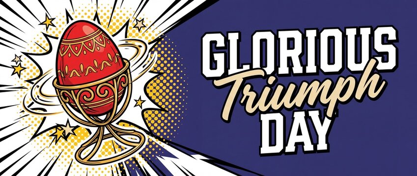 Easter egg pop art banner featuring decorated red egg in gold stand with Glorious Triumph Day typography, vintage comic retro halftone explosion background vector graphic design template for holiday