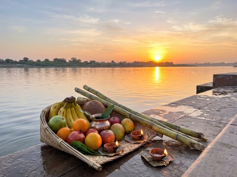 Fruit basket offering arranged on riverside steps at sunrise
