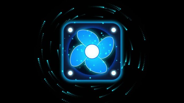 Six spinning blue computer fans create a cool digital airflow pattern against dark background cinematic motion